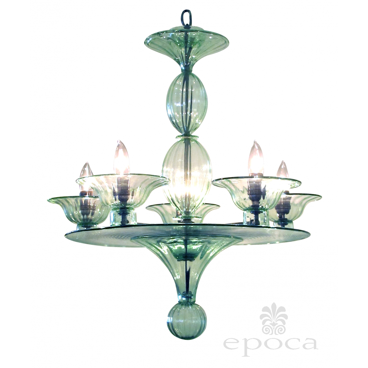 A Rare And Shapely Murano Pale Green Glass 4 Arm Chandelier Epoca Rare And Shapely Murano Art Deco Pale Green Glass 5 Light Chandelier