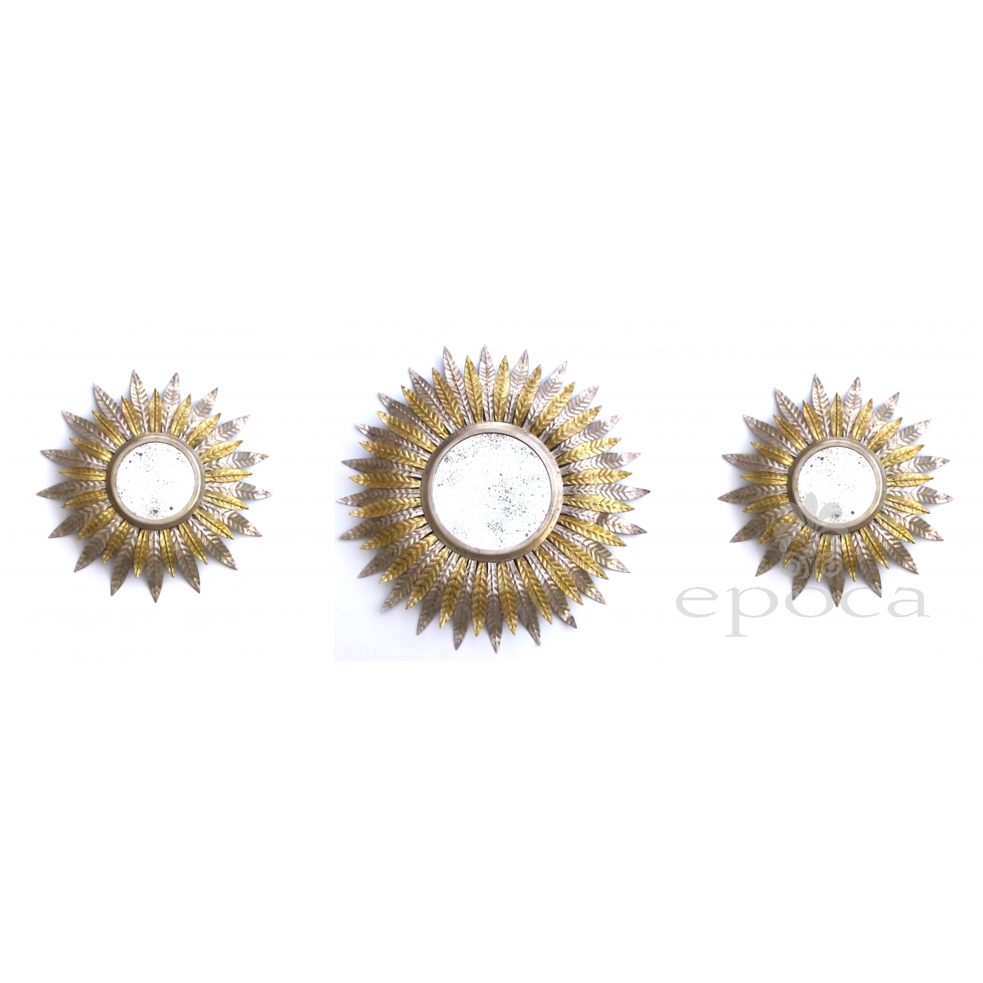 A Fanciful Set Of 3 Art Deco Silver And Gold Gilt Tole Sunburst Fanciful Set Of 3 French Art Deco Silver And Gold Gilt Tole Sunburst Mirrors