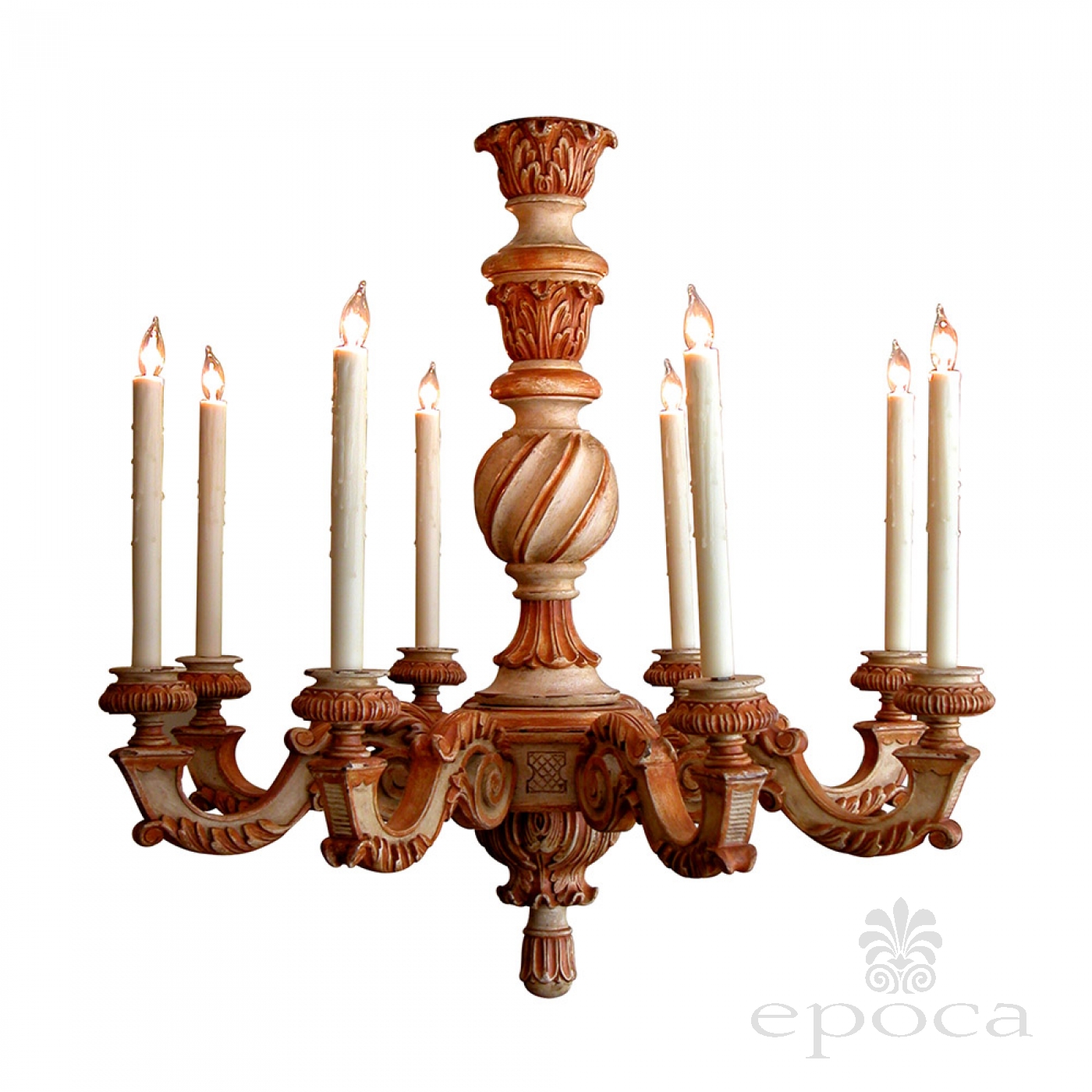 A Boldly Scaled French Baroque Style Ivory Painted Wooden 8 Arm A Boldly Scaled French Baroque Style Ivory Painted Wooden 8 Arm Chandelier With Rust
