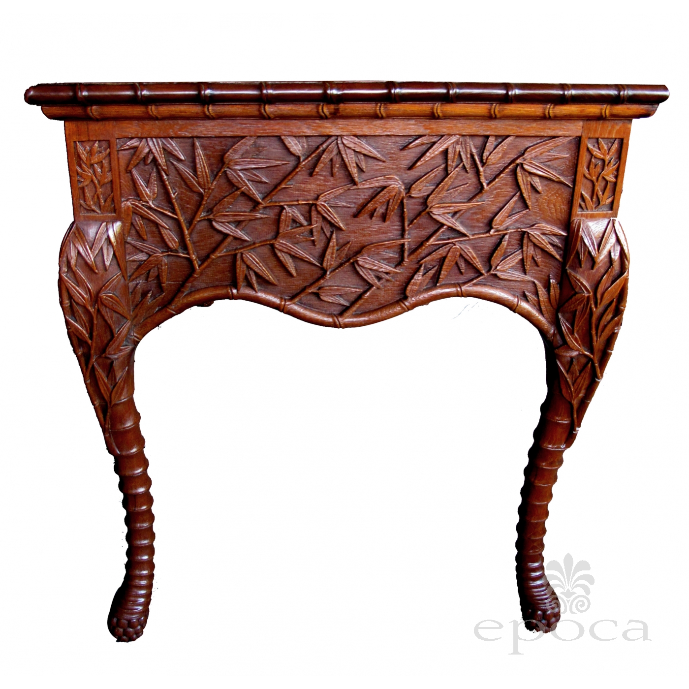 A Rare Chinese Export 4 Drawer Teak Writing Desk With Carved Bamboo A Rare Chinese Export 4 Drawer Teak Writing Desk With Carved Bamboo Decoration