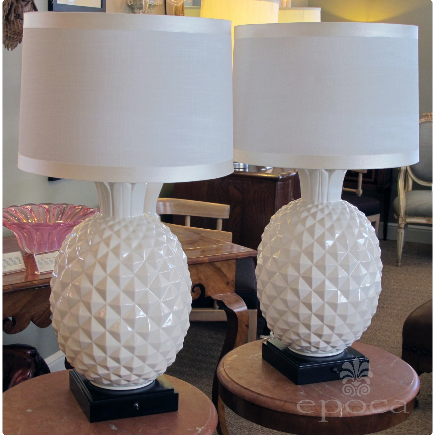 A Robust And Large Scaled Pair Of Italian 1960 S White Ceramic A Robust And Large Scaled Pair Of Italian 1960 S White Ceramic Pineapple Form Lamps