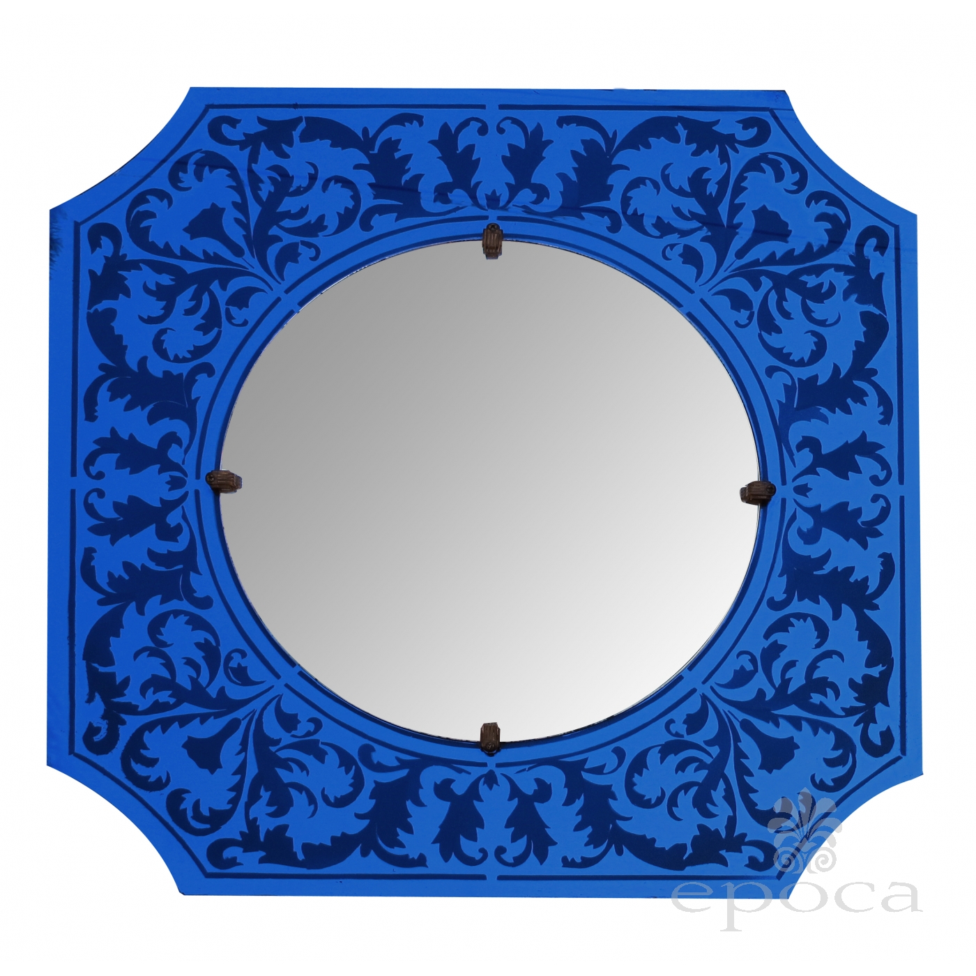 A Stylish American Art Deco Bulls Eye Mirror With Etched Cobalt Blue A Stylish American Art Deco Bulls Eye Mirror With Etched Cobalt Blue Frame