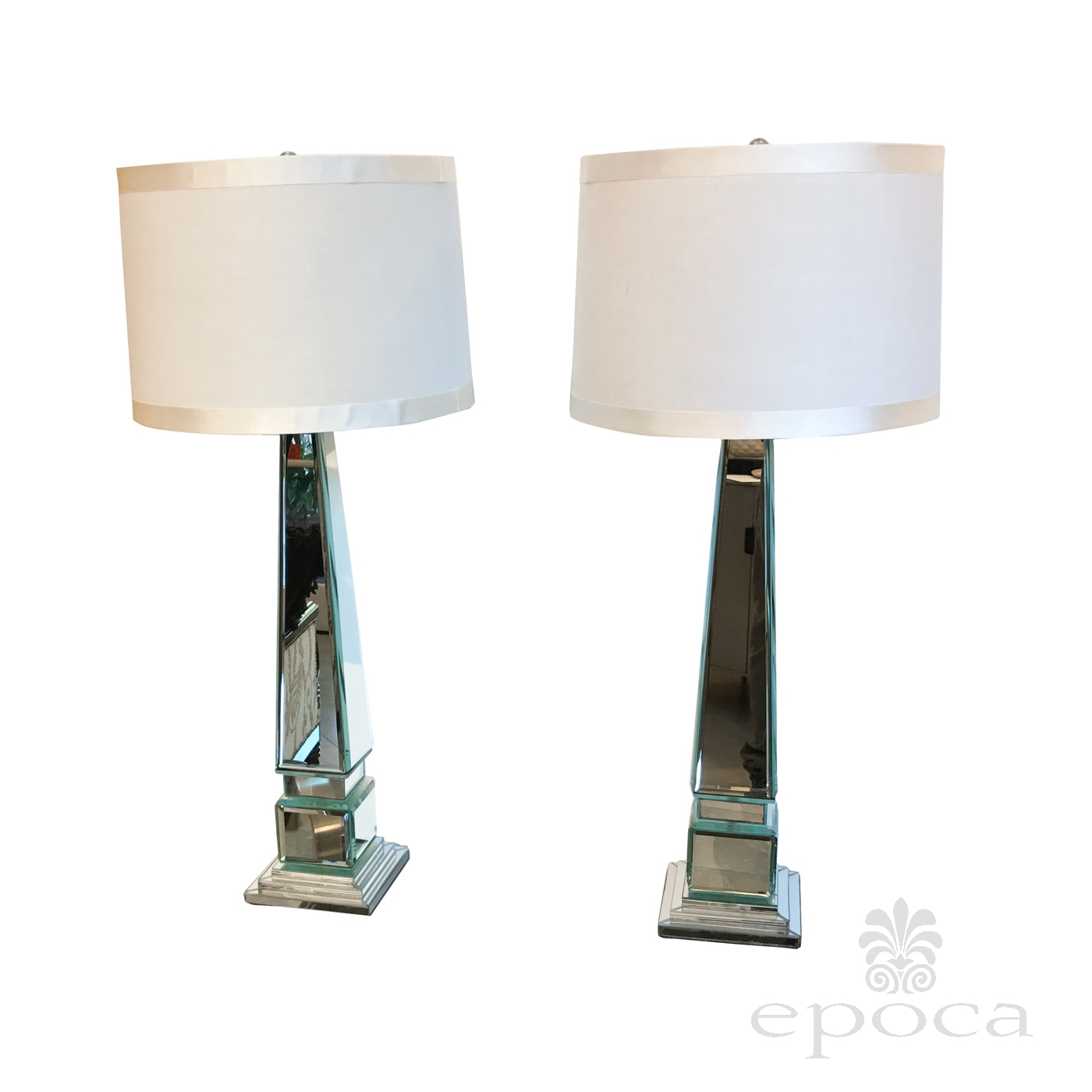 Epoca Pair Of Beveled Mirror Obelisk Form Lamps Epoca San Francisco A Tall And Shimmering Pair Of Beveled Mirror Obelisk Form Lamps