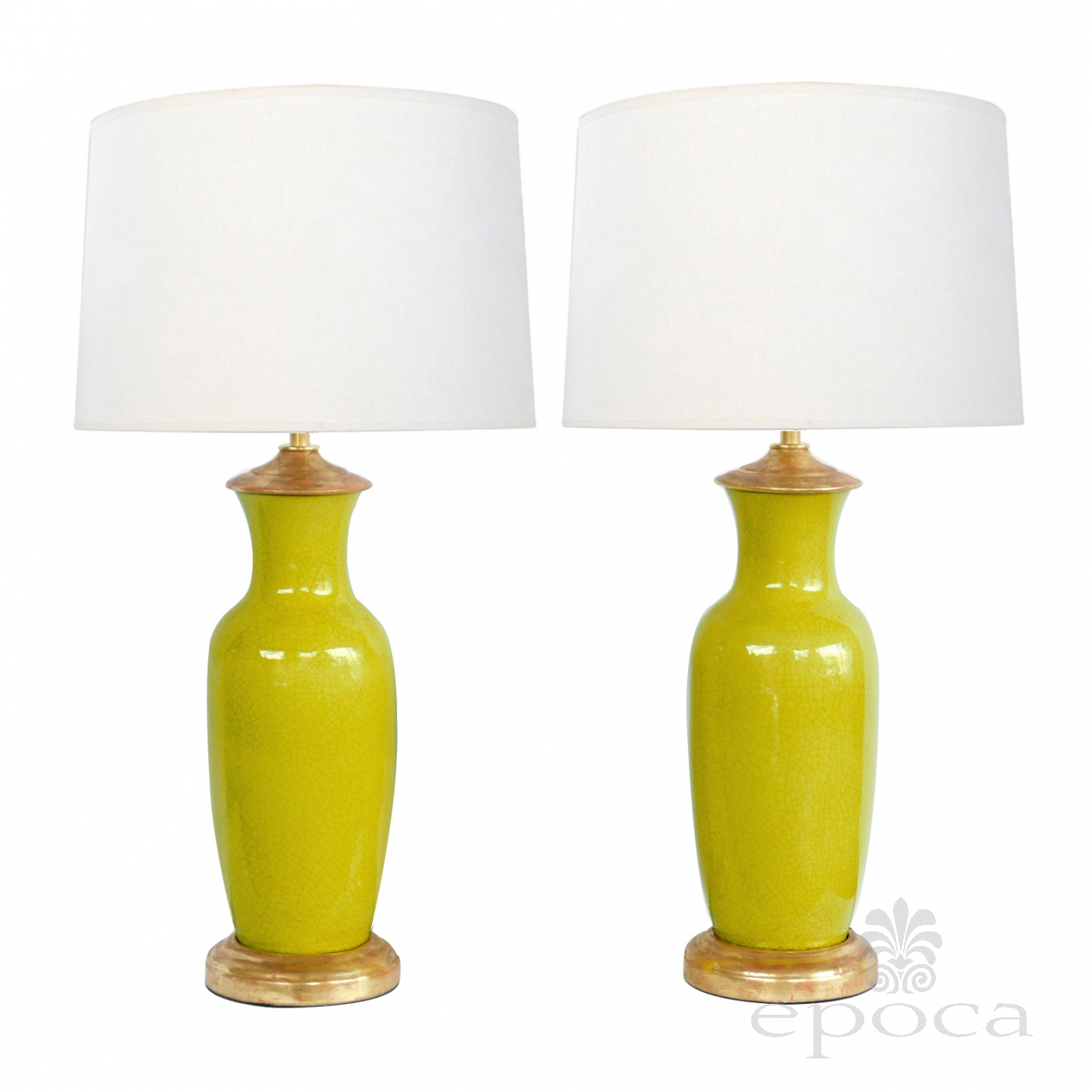 Pair of Chinese Chartreuse Yellow Crackle glaze Ceramic Lamps epoca antiques 20th century furnishings san francisco