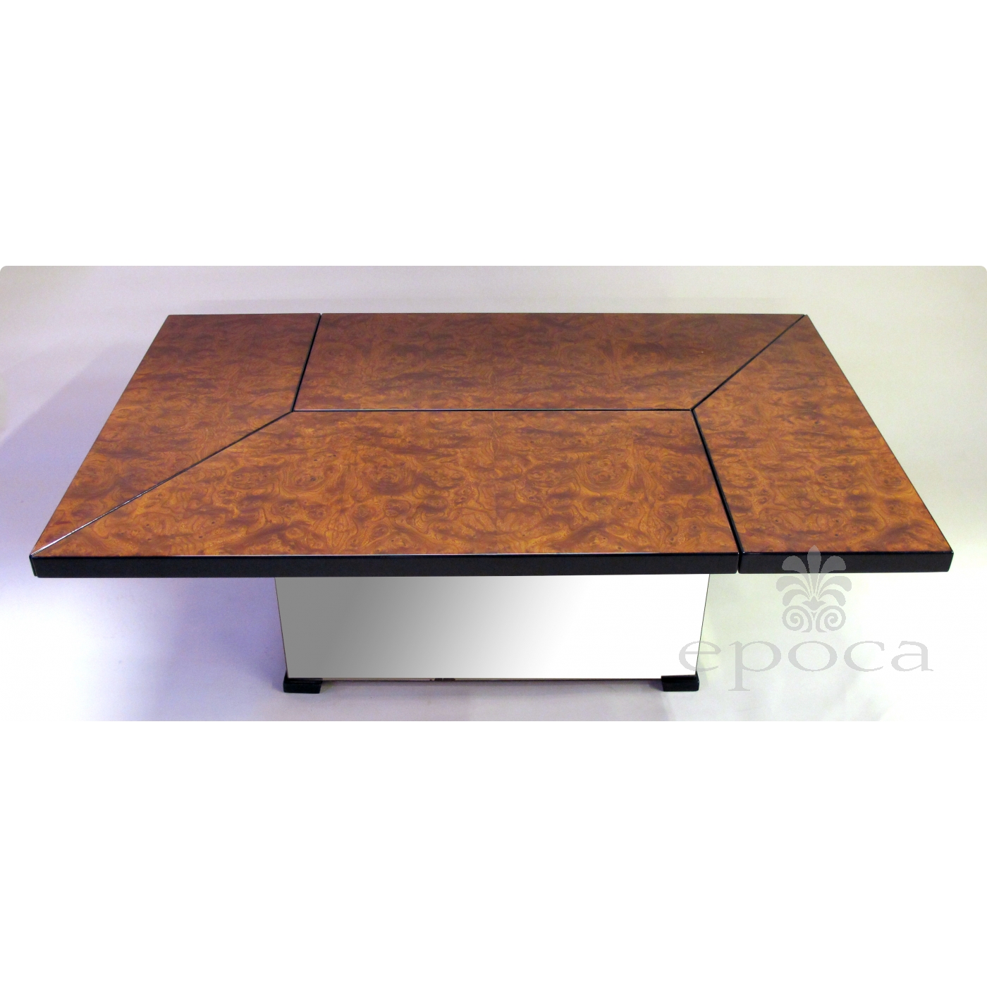 Cleverly Designed French 1970s Burlwood Metamorphic Coffee Cocktail Table Opening To Reveal A Mirrored Cleverly Designed French 1970s Burlwood Metamorphic Coffee Cocktail Table Opening To Reveal A Mirrored