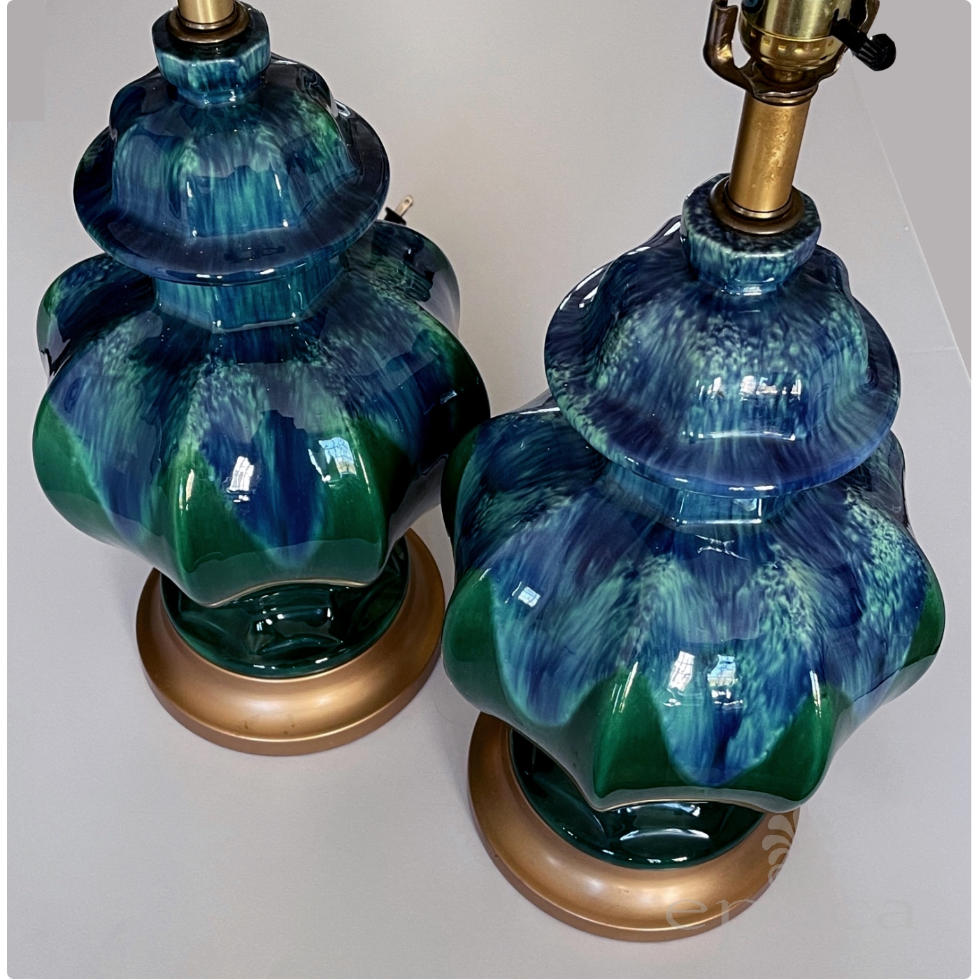Richly-glazed Pair of 1960's Blue and Green Drip-Glaze Octagonal