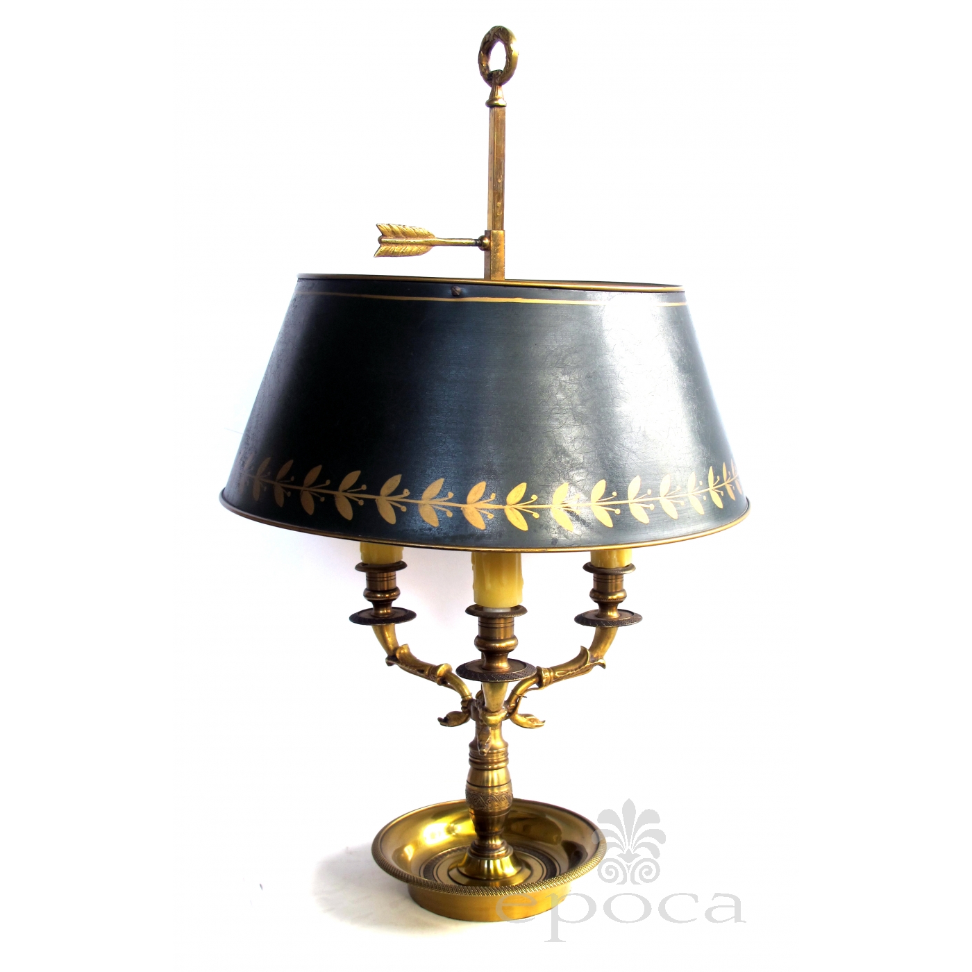 A Good Quality French Gilt Bronze 3 Arm Bouillotte Lamp With Tole Good Quality French Gilt Bronze 3 Arm Bouillotte Lamp With Tole Shade