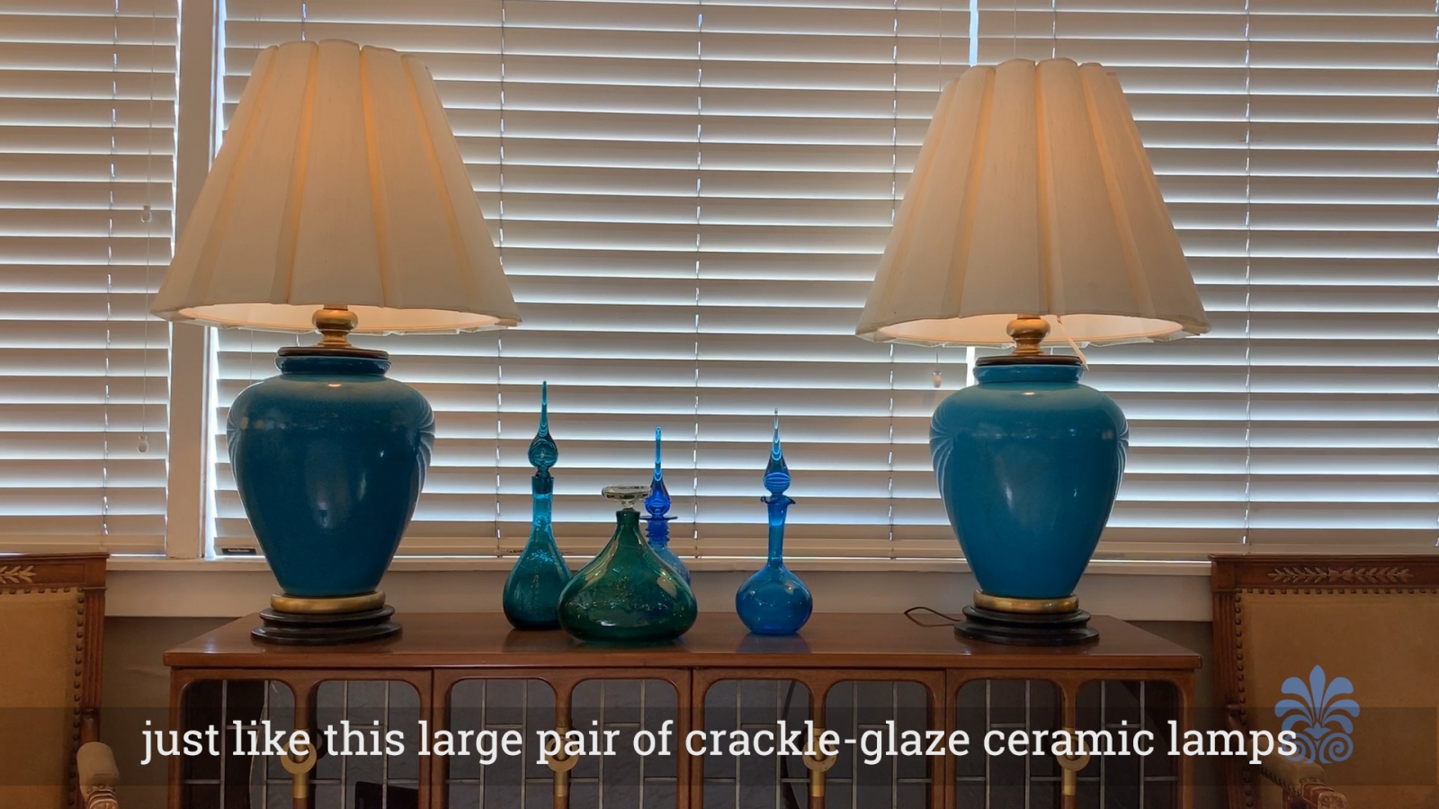 Striking And Large Pair Of American 1960's Turquoise Crackle-Glaze Ceramic Lamps By Frederick Cooper, 1960's.