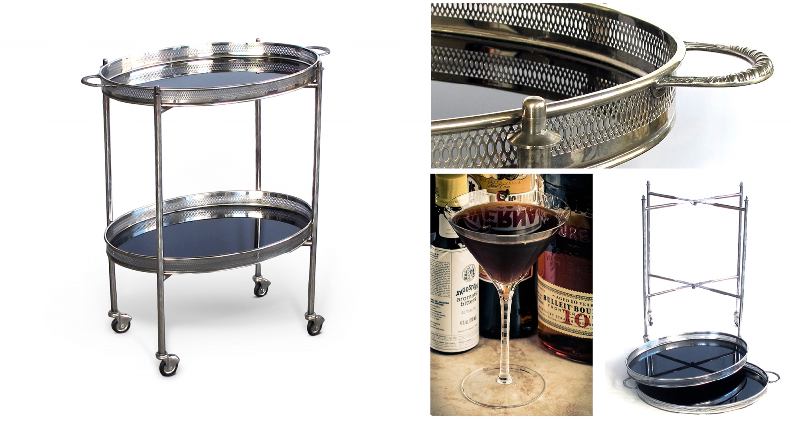 Classic & Chic Holiday Entertaining: Black Manhattans Served on a Nickel-Plated And Black Glass Oval Vintage Drinks Cart.