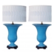 a striking and robust pair of french art deco turquoise crackle-glazed urns now mounted as lamps