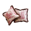a sumptuous pair of burgundy and ivory toile pillows with silk fringe