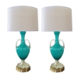 richly-colored italian mid-century teal cased-glass double-handled urn-form lamp