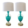 richly-colored italian mid-century teal cased-glass double-handled urn-form lamp