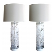 a unique american 1960's pair of cylindrical glass lamps with applied bamboo decoration