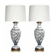  elegant pair of paris porcelain blue and white hand-painted baluster-form lamps