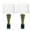 Pair 1950's Atomic Age Conical-form Green Glazed Ribbed Lamps 