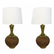 Massive Pair of 1960's Cork Lamps with Mottled Olive-Green Ceramic Mounts