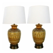 Boldly-scaled Pair of Italian 1960's Ochre-glazed Jar-form Lamps with Lava-glaze Decoration