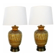 Boldly-scaled Pair of Italian 1960's Ochre-glazed Jar-form Lamps with Lava-glaze Decoration