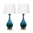 A Richly Colored American 1960's Bottle-form Emerald Green and Blue Drip-glaze Lamps