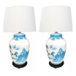 A Good Quality Pair of French 1950's Blue & White Cased Glass Ginger Jar Lamps