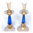 Pair of Murano Gold Aventurine and Blue Filigrana Glass Candlesticks