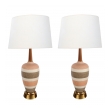 Stylish Pair of Danish Modern Coral, Brown and Ivory Salt-glazed Lamps