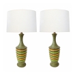 Pair of 1960's Ribbed Ovoid-form Lamps with Green Textured Glaze 