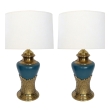 Pair of 1960's Steel-blue Ceramic Lamps with Brass Foliate Perimeter Band