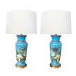 Fine Pair of French Cerulean Blue Opaline Lamps with Polychromed Decoration