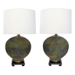 Pair Raku-glazed Studio Pottery Spheroid-shaped Lamps