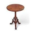 Full view of English burl walnut tripod occasional table