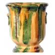 robust pair of french anduze style pottery garden pots with yellow, green and brown drip-glaze (2 available)