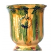 robust pair of french anduze style pottery garden pots with yellow, green and brown drip-glaze (2 available)