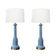 Pair of Wilmar Lamp Co. blue glass lamps with white shades, shown on white background at epoca