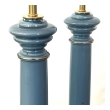 Oblique view of Wilmar Lamp Co. blue glass lamps showing columnar forms and brass bases