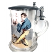 German Lidded Glass Beer Stein with a Man Bowling
