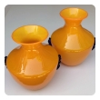 a rare pair of blenko orange glass vases with applied cobalt decoration 