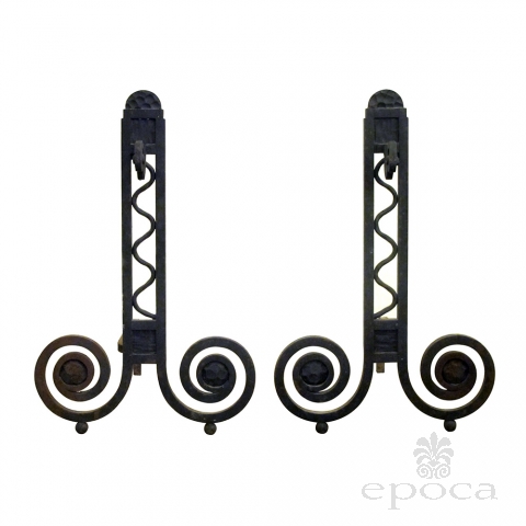 a dramatic and large-scaled pair of french art deco hand-wrought iron andirons
