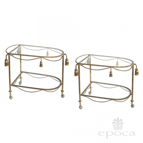 a chic pair of italian mid-century hollywood regency gilt tole drinks/bar carts with glass shelves