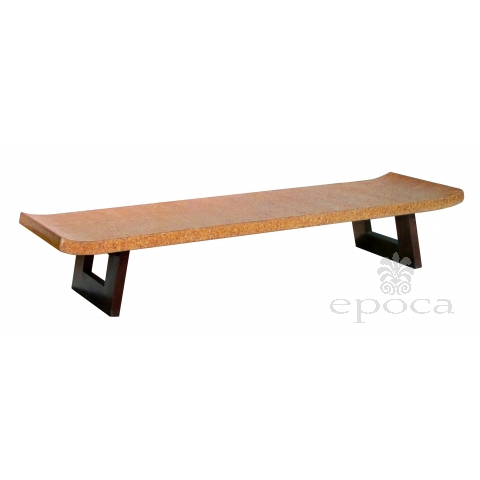 Asian-inspired Paul Frankl for Johnson Furniture cork top bench or low table with open wooden supports