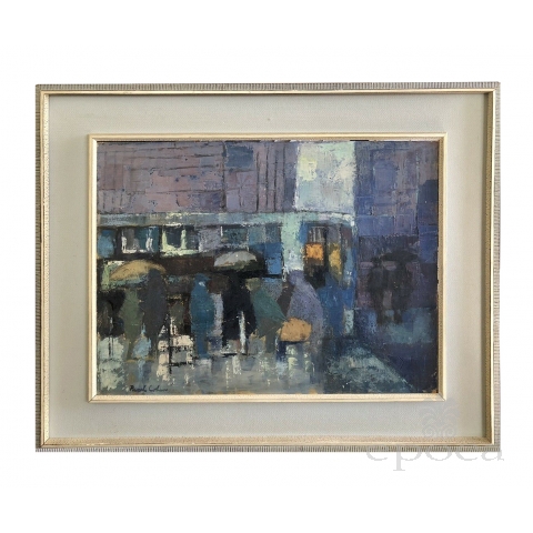 oil on board: Abstract Painting "London Bus Stop" by Pearl Cohen (British 1908-1976)
