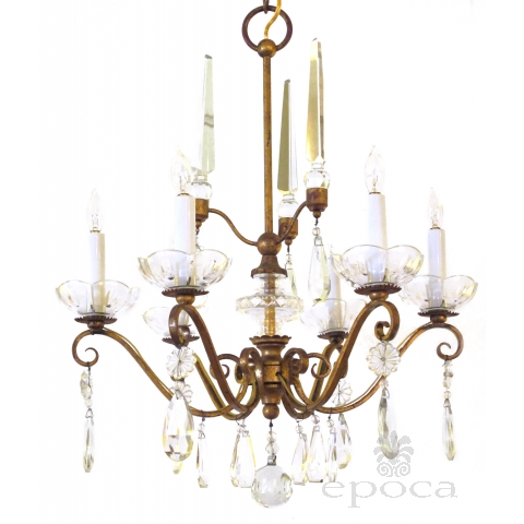 an elegant french 1940's gilt metal 6-light chandelier with crystal pendants