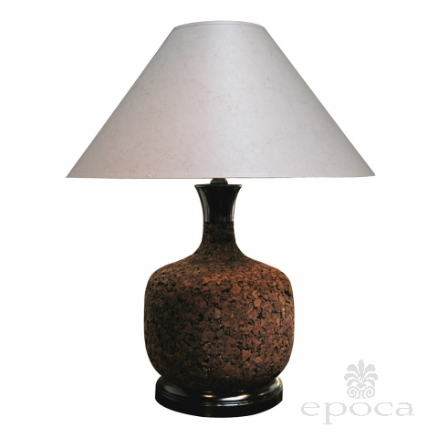 a robust american 1960's baluster-form cork lamp with ebonized base and cap; rewired; shade as is