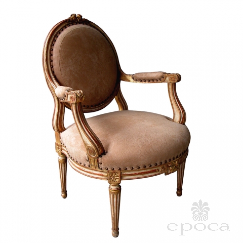a large-scaled and elegant french louis xvi style ivory painted and parcel gilt oval back open armChairs