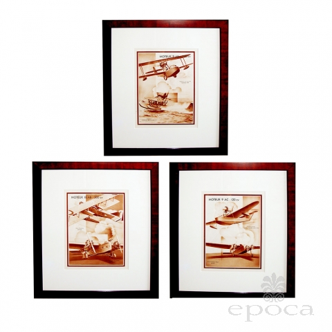 an unusual set of 3 french 1930's sepia tone lithographs of airplanes