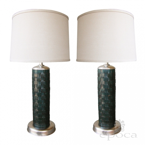 a stylish pair of american 1940's cylindrical-form leather-clad lamps