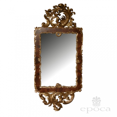 a curvaceous danish rococo style burl walnut and carved giltwood mirror with exuberant rocaille carving