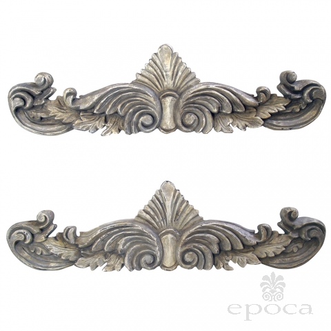 a curvaceous pair of american neoclassical style gray painted wooden anthemion wall carvings
