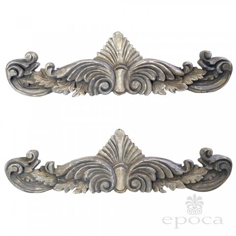 a curvaceous pair of american neoclassical style gray painted wooden anthemion wall carvings